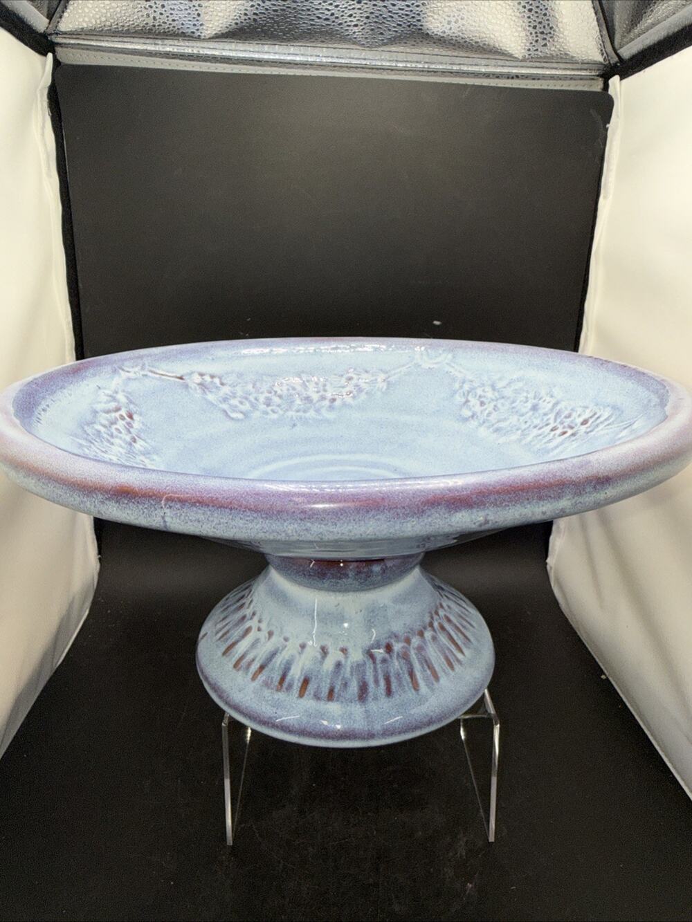 Vintage Studio Pottery Pedestal Compote Bowl Blue Purple Glaze 11.5 Inch